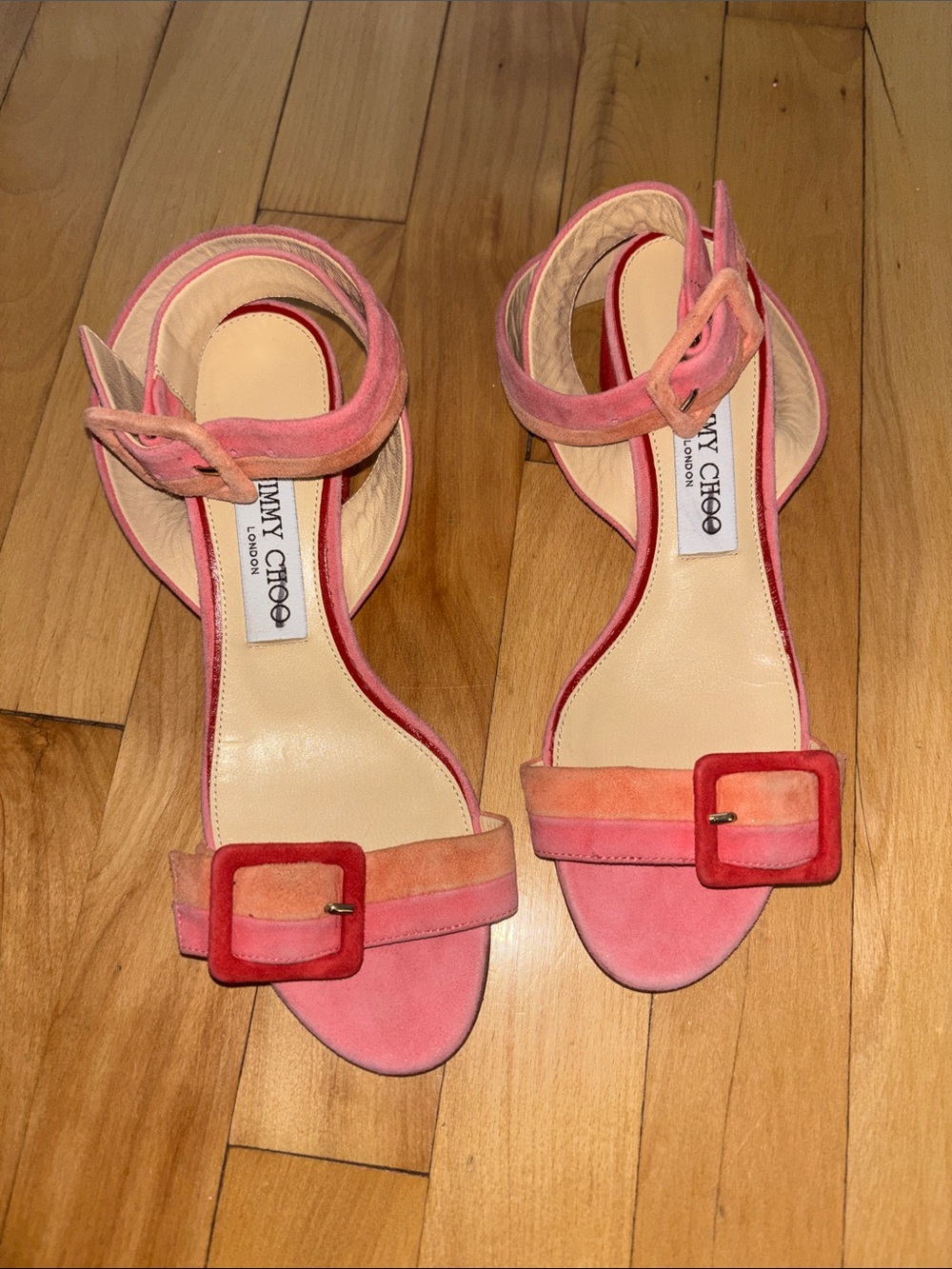 Jimmy Choo Pink and Coral Suede Ankle-Strap Heels